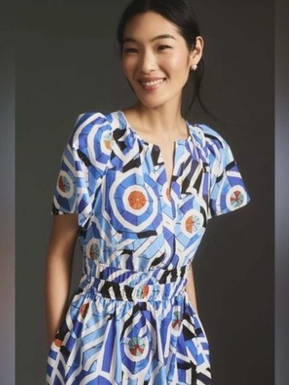 Anthropologie Somerset Maxi Blue Geometric Print Maxi Dress with Orange Accents